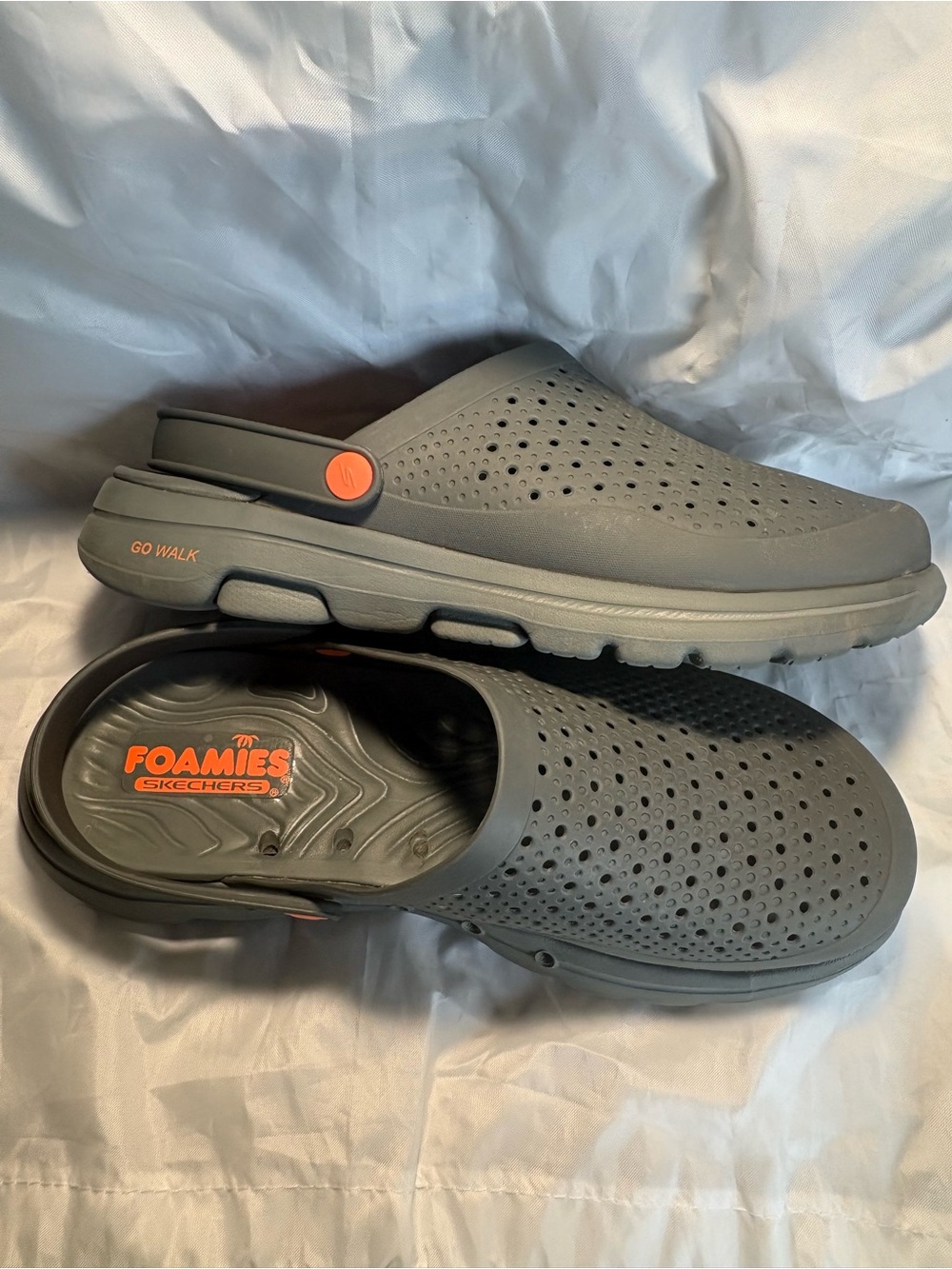 Skechers Gray Foamies Go Walk Slip-On Clogs with Orange Accents